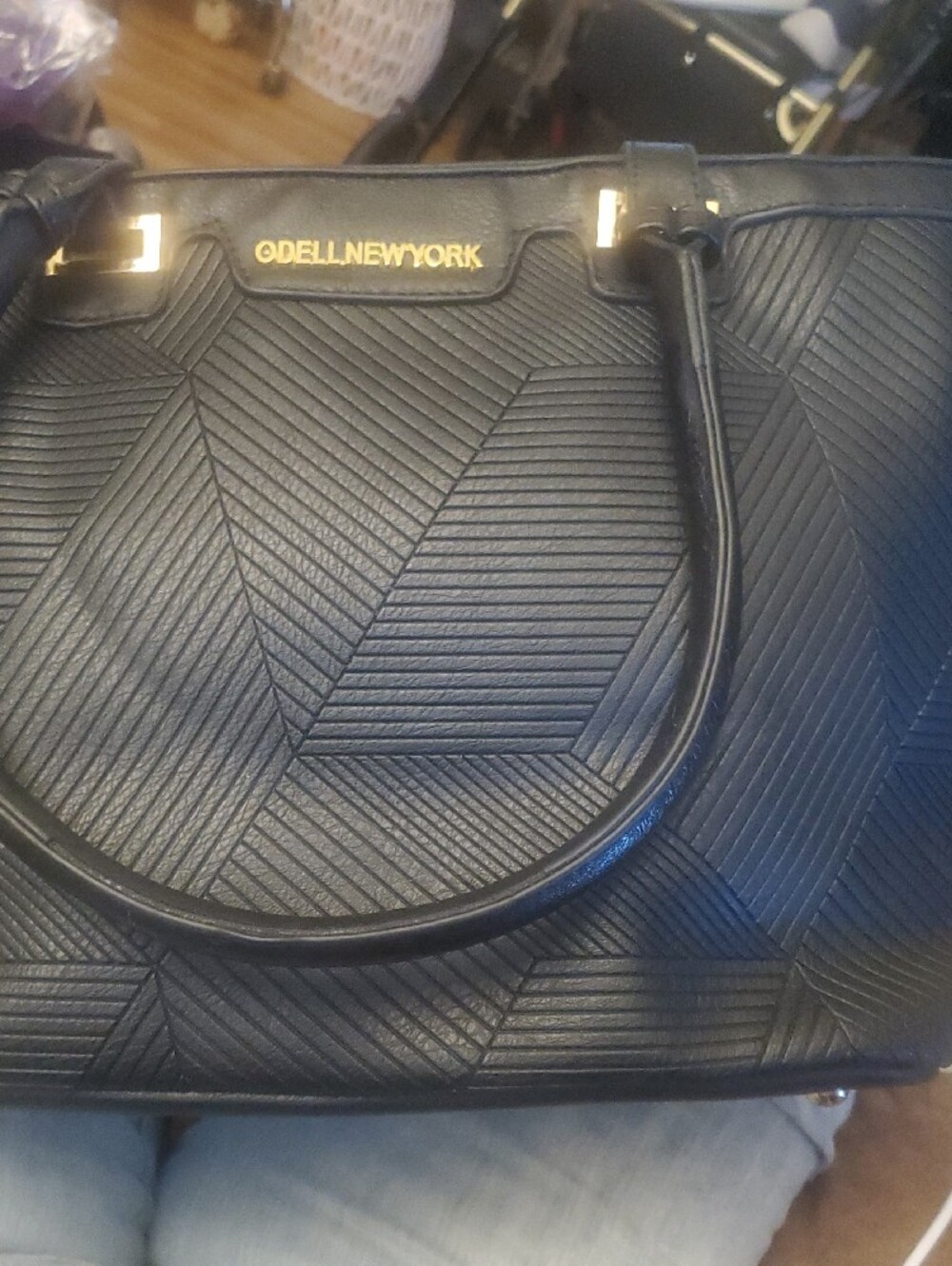Black Textured Vinyl Tote with Gold Accents - Picture 3 of 12